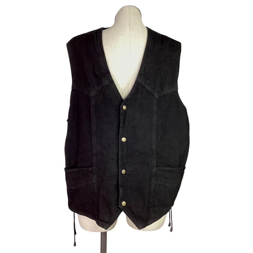 Allstate Vest Men 4X Black Cotton Denim Side Lace Pockets Snaps Motorcycle Biker